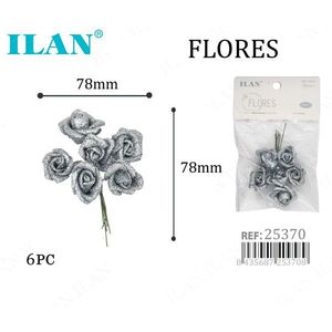 Ilan Flores Rose Secche Argentate 78mm, Set da 6 Pezzi, Fiori Decorativi - Product Image 1