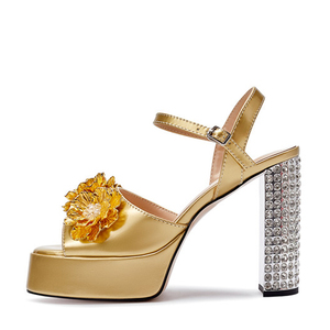 Sandales à talons épais pour femmes, ornées de diamants brillants, à bout carré, avec bride à boucle, en satin, style escarpins, pour le bureau, décorées de fleurs - Product Image 5