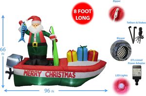 Santa Claus Inflable <span class=keywords><strong>de</strong></span> 8 Pies en Bote <span class=keywords><strong>de</strong></span> Pesca con Cajas <span class=keywords><strong>de</strong></span> Regalo Coloridas, Santa Inflable con Luces Integradas para Decoración Exterior - Product Image 2
