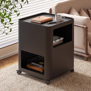 Cream Colored Movable Side Table With Storage Shelf For Living Room Bedroom Coffee Table <b>Plastic</b> Top On <b>Wheels</b> - Product Image 2