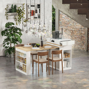 Îlot de cuisine extensible en bois massif, table à manger, rangement double face, 2 tiroirs, prises électriques, étagères latérales, écologique - Product Image 3