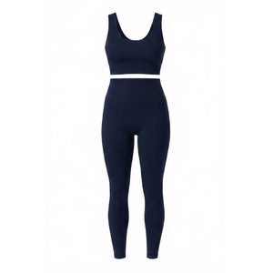 Women Navy Blue Scoop Neck Racerback Sports Bra Set Mid Waist Full Length Leggings 2-Piece Plus Size Yoga Outfit 4-Way for - Product Image 1