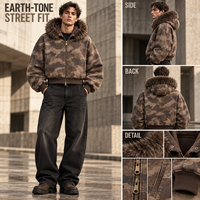 Blouson zippé à capuche pour homme, coupe courte et carrée, en camouflage marron délavé, avec garniture en fourrure, style streetwear, en tissu épais, fournisseur en gros pour marques