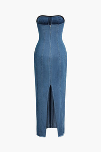 <span class=keywords><strong>Robe</strong></span> <span class=keywords><strong>en</strong></span> <span class=keywords><strong>jean</strong></span> mi-longue sexy pour femme, design épaules dénudées, sans col, de haute qualité, sur mesure - Product Image 3