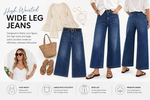 Jeans <span class=keywords><strong>de</strong></span> Mujer <span class=keywords><strong>de</strong></span> Cintura Alta, Pierna Ancha, Bolsillos con Parches, Estilo Holgado, Cinturón Negro con Hebilla Dorada, Minimalista - Product Image 5