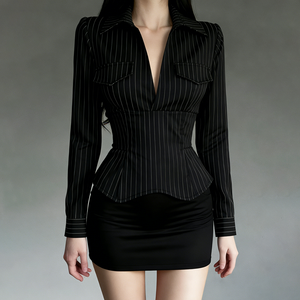Camisa entallada asimétrica con estampado de rayas, cuello en V profundo, bolsillo, que moldea la cintura, sexy y elegante, para ir al trabajo en otoño - Product Image 1
