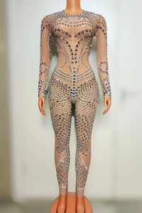 Body de <span class=keywords><strong>Fiesta</strong></span> Brillante de Manga Larga Transparente con Diamantes para Mujer, Tallas Grandes, <span class=keywords><strong>Mono</strong></span> de Una Pieza con Pedrería - Product Image 2