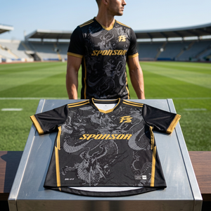 เสื้อฟุตบอลสั่งทำขายส่ง ลายมังกรจีนสีเหลืองดำ แบบซับลิเมชั่น - Product Image 1