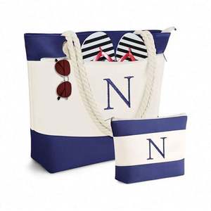 Personalized <b>Initial</b> Custom Logo Canvas Travel Beach <b>Bag</b> Birthday Gifts Tote <b>Bag</b> With Makeup <b>Bag</b> - Product Image 1