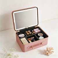 Trousse de Maquillage Portable Pliable de Voyage avec Miroir de Bureau LED Éclairé 1x, Diviseurs Ajustables DIY, Étanche en PU et Aluminium, Personnalisable