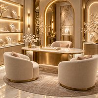 Conception d'intérieur élégante pour boutique de bijoux haut de gamme, aménagement de comptoirs en or et diamants, plan de mise en page 3D avec éclairage LED