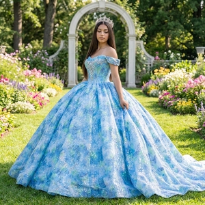 Vestido de Quinceañera/Jubileo de Tul Azul Cielo con Hombros Descubiertos, Cuentas, Flores y Brillo, Modelo Dy8550 - Product Image 1