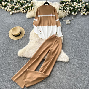 طقم نسائي من قطعتين طقم كنزة محبوكة فضفاضة بألوان غير رسمية بأكمام طويلة كنزة صوفية عالية الخصر بنطال واسع الساق طقم من قطعتين للسيدات - Product Image 1