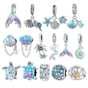 Thousands of In Stock Ocean Series Blue 925 Sterling Silver Colorful Shell Turtle Pendant for Original Bracelet Wholesale