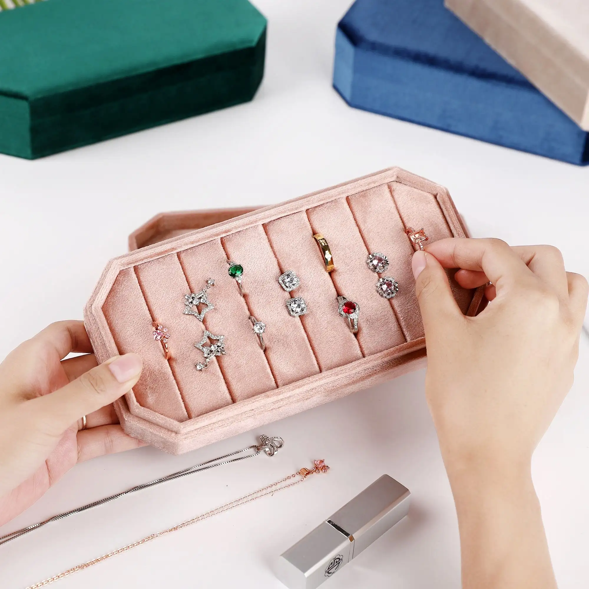 High-end custom luxury Velvet Jewelry Tray pink ring Pendant display Organizer Ring Tray jewelry store