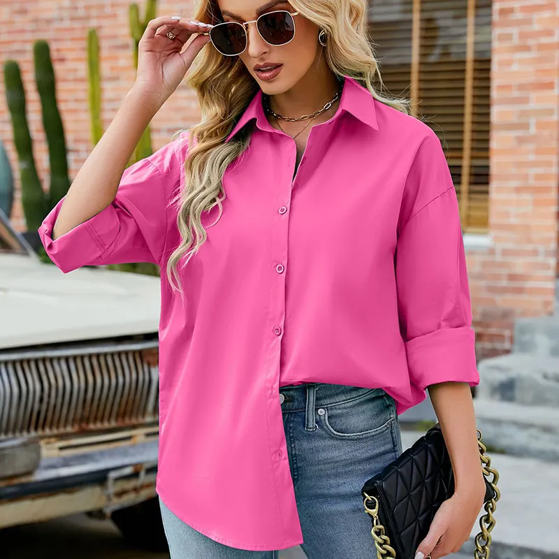 Spring Multi Pure Color Casual Long Sleeve Blouse Women Tops Button Front Loose Cotton Shirts For Women