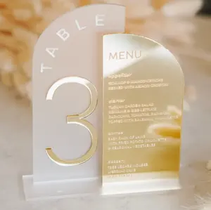 Números de mesa de boda con espejo dorado esmerilado arqueado acrílico personalizado con signo de menú números de mesa acrílicos