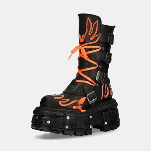 Botas de Motociclista Estilo Punk Vintage Oscuro, Botas de Media Pantorrilla con Llama Fluorescente y Suela Gruesa, Moda Rock para Hombre y Mujer - Product Image 3