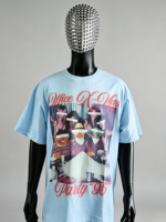 Kaos Oblong Biru Muda Musim Panas Bermotif 100% Katun Kerah O Lengan Pendek Logo Karakter Besar OEM Kaos Pria Bernapas DTG