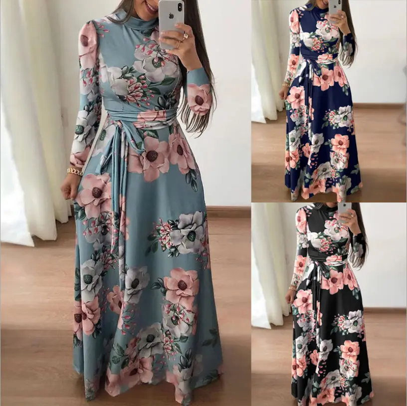 Summer Women's Long Sleeve Dress Flower Printed Long Skirt High Neck Elegant Casual Plus Size Women Dress