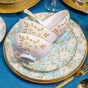 60-Piece <b>Bone</b> <b>China</b> <b>Dinner</b> <b>Set</b> with Yellow Daisies on Sky Blue Background - Product Image 5