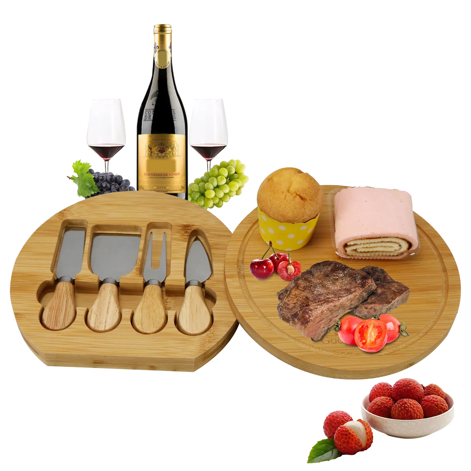 Круглая доска для сыра, набор для хлеба, деревянная портативная доска, набор посуды и ножей для столовых приборов