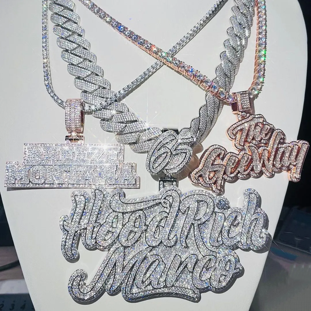 Custom Thick Rapper Personalized Iced Out 925 Silver Initial VVS Moissanite Diamond Pendant Link Chain Hip Hop Fine Jewelry Men