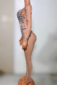 Combinaison moulante en maille argentée sexy avec diamants intégrés, manches longues, anneaux acrobatiques, bar, boîte de nuit, costume de scène DS pour soirée - Product Image 3