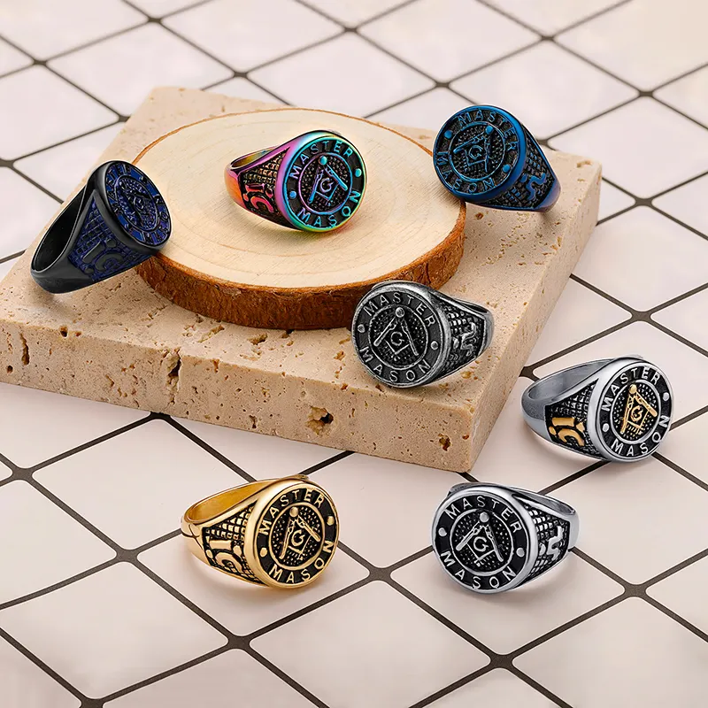 Male Fashion Jewelry Punk 316L Stainless Steel Masonic Signet Master Round Shape Rock Finger Rings