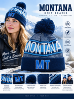 Bonnet en tricot jacquard à pompons Montana, broderie 3D MT, bord côtelé, bonnet d'hiver unisexe, chaud, pour le ski, bonnet de ski