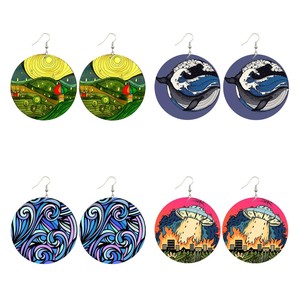 Ukiyo-E ต่างหูไม้ธรรมชาติ,ต่างหูรูปปลาโลมาวาฬคลื่นใหญ่พิมพ์สองด้านทำจากไม้ญี่ปุ่น - Product Image 1