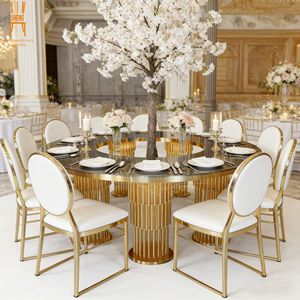 Tavolo da Pranzo di Lusso con Piano in Vetro Rotondo e Base a Colonna in Acciaio Inox Dorato per Banchetti in Hotel ed Eventi Nuziali - Product Image 5