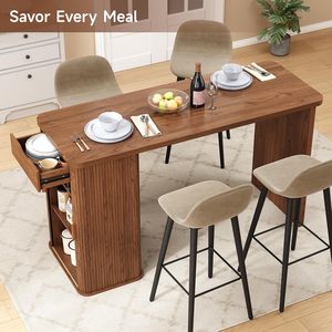 Table d'îlot de cuisine moderne en bois SENYU avec étagère de rangement et porte-bouteilles, forme rectangulaire, design mi-siècle pour salle à manger - Product Image 2