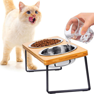 ขาตั้งชามอาหารแมวไม้สแตนเลส ชุดจานอาหารและน้ำสำหรับแมวแบบยกสูง - Product Image 1
