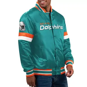 OEM Custom Miami Dolphins Bomber Jacket Turquoise Satin Letterman Baseball Varsity Jacket For Men