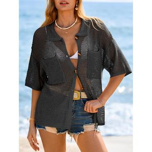 Chemisier décontracté noir à col boutonné en maille crochetée pour femme, manches courtes, coupe ample, idéal pour l'été et le quotidien - Product Image 2