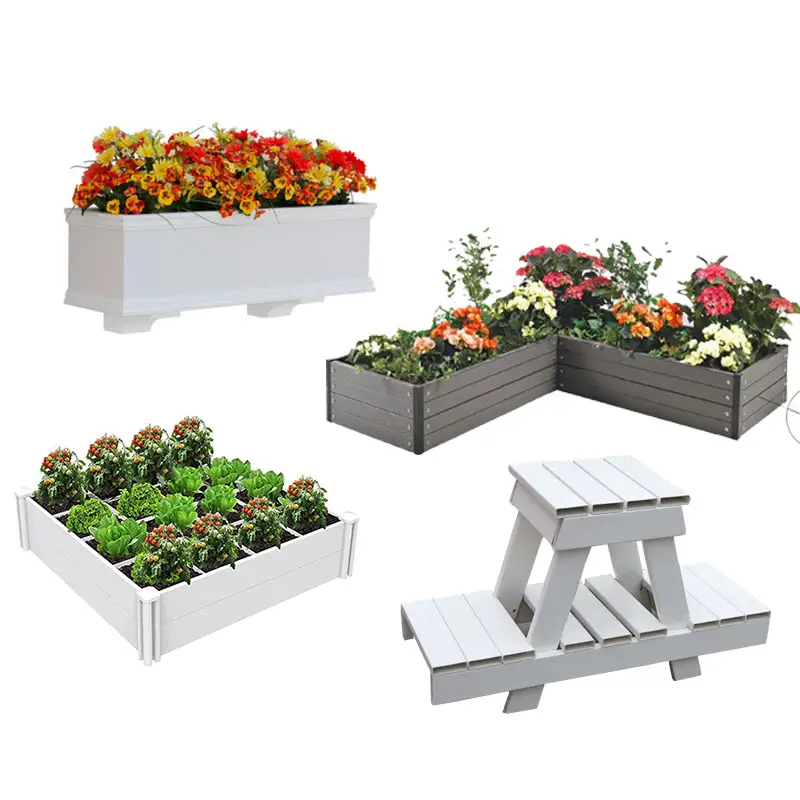 Caja de maceta de jardín elevada de plástico Pvc de vinilo blanco sin tornillos para exteriores sobre el suelo para cultivar verduras, flores, hierbas con rejilla