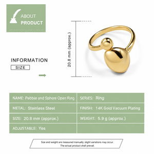 Adjustable Pebble and Sphere <b>Open</b> <b>Ring</b> Stainless Steel 14K Gold Vacuum Plating Sculptural Jewelry - Product Image 2