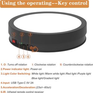 Soporte de exhibición giratorio antideslizante con base de luz LED de 6 colores, carga de 66 libras, control remoto (12,6 pulgadas/Negro/con cable) - Product Image 5