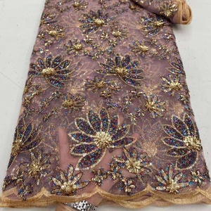 レッドチュールゴールデンスパンコール刺繍レディースアフリカレース生地パーティードレス - Product Image 4