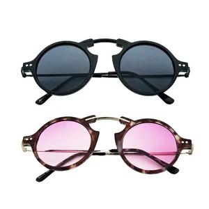 Kacamata hitam Steampunk bulat Retro Pria Wanita, kacamata berpergian bergaya antik