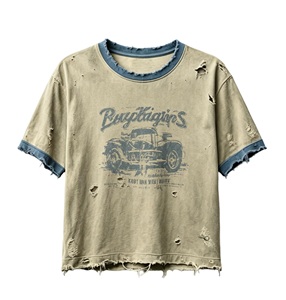 T-shirt Ringer Vintage Distressed con Stampa DTG Personalizzata Kornit, Stile Retrò Auto, <span class=keywords><strong>Maglietta</strong></span> Streetwear Pesante - Product Image 2