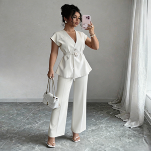 Ensemble décontracté deux pièces pour femme, style européen et américain, élégant pour le bureau, couleur unie, haut sans manches et <span class=keywords><strong>pantalon</strong></span> large ajusté - Product Image 1