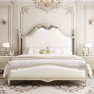 Cama de Madera Maciza Estilo Francés de 1.8m, Tamaño King, con Almacenamiento, para Recámara Principal, Color Crema, Diseño Europeo - Product Image 1