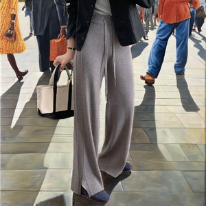 Pantalones de pierna ancha rectos de cintura alta con diseño acanalado y abertura, elásticos, antipilling, con lazo, para otoño/invierno. - Product Image 2