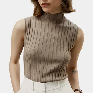 Custom supplier casual fashion tank tops ribbed knit silk cashmere blend high neck sleeveless knitted crop top