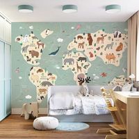 Mural Personalizado del Mapa del Mundo con Animales, Panel de Pared de Tela No Tejida de PVC, Murales Educativos para Decoración de Paredes para Cuartos de Niños, Aulas y Salas de Juego
