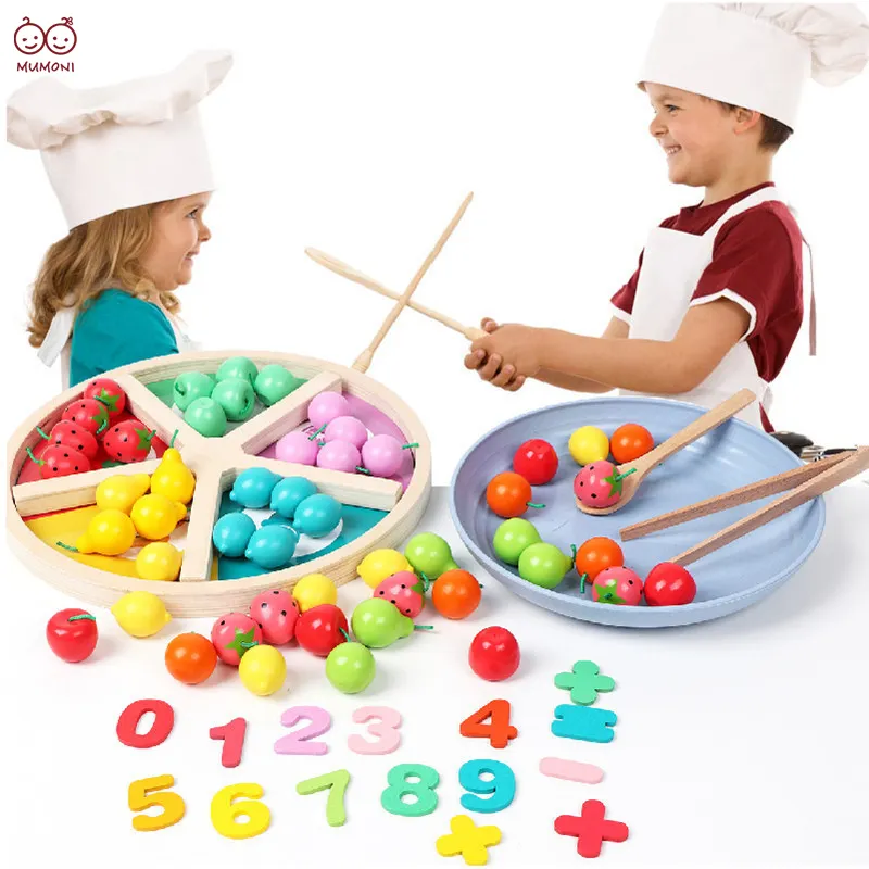 Jogo de ensino de frutas, jogo de miçangas de frutas de simulação de madeira, brinquedos educativos para aprendizagem de cores