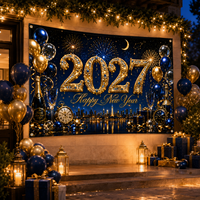 Bannière Joyeux Nouvel An 2027 Bleu Or Feux d'artifice Ballons Nuit de la ville Décoration murale de fête