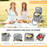 Sac isotherme double compartiment pour femme, grand format, étanche, réutilisable, sac fourre-tout matelassé, plusieurs poches, pliable, pour le travail